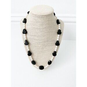 NWT Genuine Carved Black Onyx & Pearls Necklace Beaded Black White